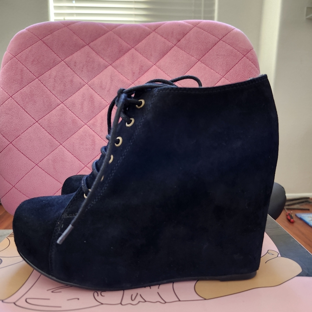 Jeffrey Campbell Black Suede Lace-Up Wedge Booties